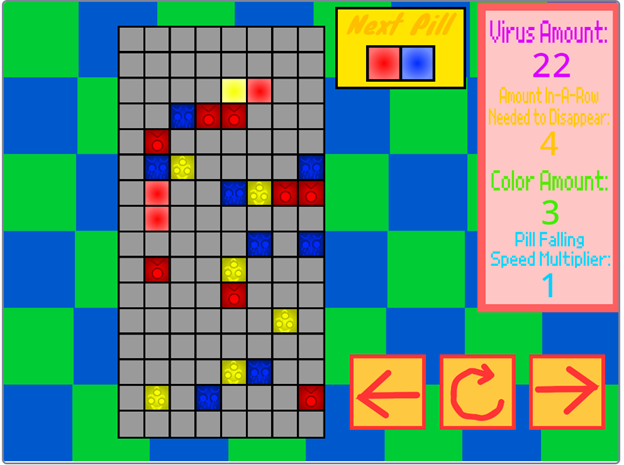 A rectangular grid of grey tiles that contains square viruses in red, blue, and yellow. The background is a green and blue checkerboard.